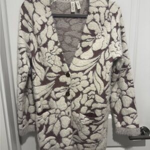 Anthropologie Fuzzy Button-Front Sweater Cardigan - Cream & Brown